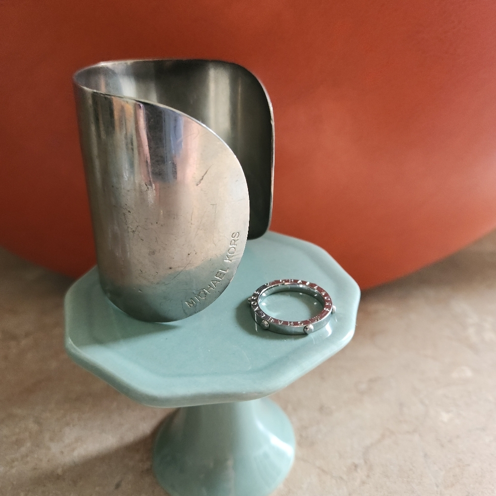 Michael Kors Silver cuff bracelet and Michael Kors studded ring, size 7